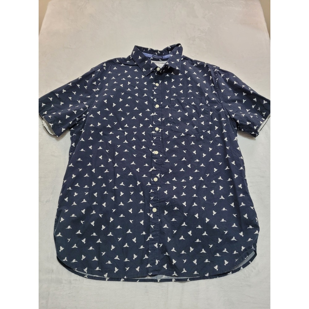Denim & Flower Button Down Mens XL Navy Blue Bird Print Slim Fit Cotton